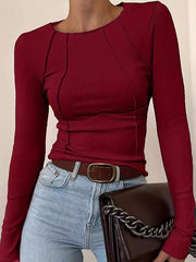 Pleated Solid Color Split-Joint Long Sleeves Skinny Round-Neck T-Shirts Tops