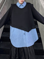Asymmetric Buttoned Contrast Color Split-Joint False Two Long Sleeves Lapel Sweatshirt Tops