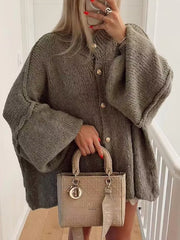 Buttoned Split-Joint Loose Puff Sleeves Round-neck Cardigan Tops