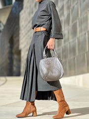 Solid Color Loose Top + Asymmetric Pleated Split-Joint Skirt Two Pieces Set