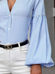 Buttoned Striped Long Sleeves Puff Sleeves Deep V-Neck Blouses&Shirts Tops