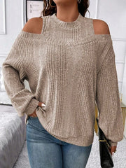Hollow Solid Color Split-Joint Long Sleeves Loose Cold Shoulder T-Shirts Tops