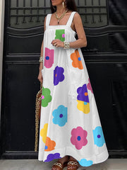 Floral Printed Loose Sleeveless Square-Neck Maxi Dresses