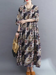 Floral Printed Pleated Split-Joint Loose Raglan Sleeve Round-Neck Midi Dresses