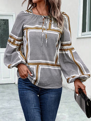 Elasticity Print Tied Long Sleeves Loose V-Neck Blouses&Shirts Tops