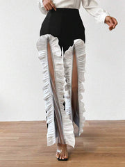 Contrast Color Gauze Pleated See-Through Split-Joint High Waisted Loose Trousers Pants