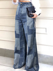 Buttoned Plaid Pockets Split-Joint Loose Wide Leg Jean Pants Bottoms