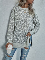 Leopard Split-Joint Split-side Long Sleeves Loose Round-neck Sweatshirt Tops