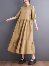 Simple Half Sleeves Loose Solid Color Lapel Collar Midi Dresses
