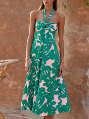 Hollow Printed Split-Joint A-line Loose Halter-Neck Midi Dresses