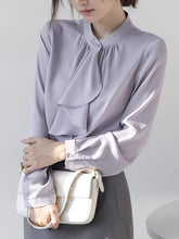 Buttoned Pleated Ribbon Solid Color Long Sleeves Loose Mock Neck Blouses&Shirts Tops
