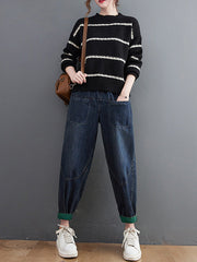 Casual Loose Long Sleeves Striped Round-Neck Sweater Tops