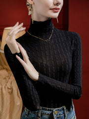 Jacquard See-Through Solid Color Split-Joint Long Sleeves Plus Size High Neck T-Shirts Tops