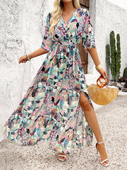 Flower Print Split-Side Tied Waist Half Sleeves Loose V-Neck Maxi Dresses