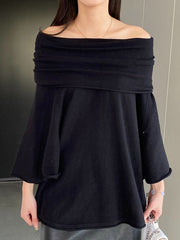Solid Color Batwing Sleeves Flared Sleeves Off-the-shoulder Knit Top