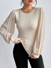 Pleated Solid Color Split-Joint Long Sleeves Loose Round-Neck T-Shirts Tops