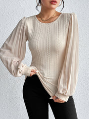 Pleated Solid Color Split-Joint Long Sleeves Loose Round-Neck T-Shirts Tops