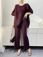 Elastics Pleated Solid Color Short Sleeves Wide Leg Round-neck Two Pieces Set