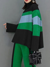 Contrast Color Split-Joint Flared Sleeves High-Low High Neck Sweater Tops Pullovers