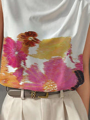 Asymmetric Pleated Printed Split-Joint Loose Sleeveless High Neck Vest Top