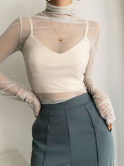 Gauze See-Through Solid Color Long Sleeves Skinny High Neck T-Shirts