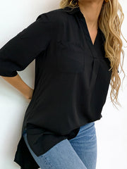 Pleated Solid Color Split-Joint Split-Side Half Sleeves Loose Lapel Blouses&Shirts Tops