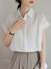 Buttoned Pleated Solid Color Split-Joint Loose Short Sleeves Lapel Blouses&Shirts Tops