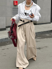 Pleated Solid Color Split-Joint High Waisted Loose Trousers Suit Pants