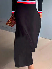 Buttoned Contrast Color A-Line Long Sleeves V-Neck Maxi Dresses