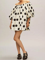 Polka-Dot Half Sleeves Loose Off-The-Shoulder Mini Dresses