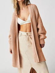 Hollow Solid Color High-low Long Sleeves Collarless Cardigan Tops