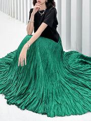High-Waisted Pleated Solid Color A-Line Irregular Clipping Skirts
