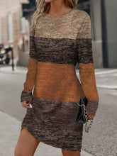 Contrast Color Printed Split-Joint Long Sleeves Loose Round-Neck Midi Dresses