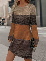 Contrast Color Printed Split-Joint Long Sleeves Loose Round-Neck Midi Dresses
