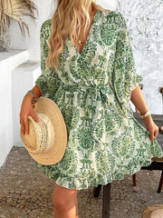 Flower Print Ruffle Trim Split-Joint Tied Waist Flared Sleeves Half Sleeves V-Neck Mini Dresses