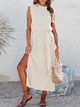 Solid Color Split-Side Tied Waist A-Line Loose Round-Neck Sweater Dresses Midi Dresses