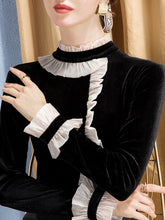 Asymmetric Contrast Color Split-Joint Long Sleeves Ruffle Sleeves Half Turtleneck T-Shirts Tops