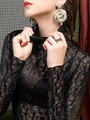 See-Through Solid Color Long Sleeves Plus Size High Neck T-Shirts Tops