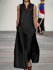 Pockets Solid Color Loose Sleeveless Lapel Jumpsuits