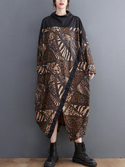 Asymmetric Printed Split-Front Split-Joint Long Sleeves Loose Mock Neck Midi Dresses