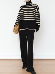 Contrast Color Split-Joint Split-Side Striped Long Sleeves Loose High Neck Sweater Tops
