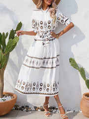 Buttoned Tied Waist A-Line Half Sleeves Lapel Midi Dresses