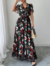 Contrast Color Elasticity Flower Print Pleated A-Line Loose V-Neck Maxi Dresses