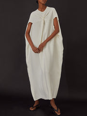 Pleated Solid Color Split-Joint Loose Raglan Sleeve Round-Neck Maxi Dresses