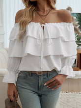 Layered Pleated Solid Color Split-Joint Tied Long Sleeves Loose Off-The-Shoulder Blouses&Shirts Tops