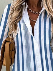 Long Sleeves Loose Contrast Color Striped Lapel Blouses