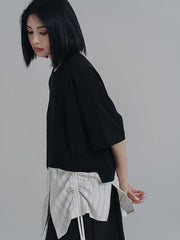 Urban Striped Drawstring Split-Joint False Two Split-Joint T-Shirt