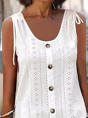 Buttoned Hollow Tied Loose Sleeveless Round-Neck Mini Dresses