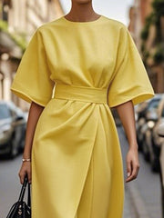 Pleated Solid Color Split-Joint Loose Short Sleeves Round-Neck Midi Dresses