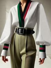 Contrast Color Pleated Long Sleeves Loose V-Neck Blouses&Shirts Tops